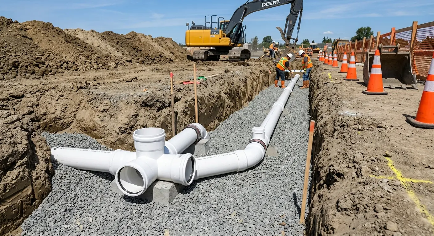 New PVC sewer pipe installation in open trench for Sewer Backup in Monroe
