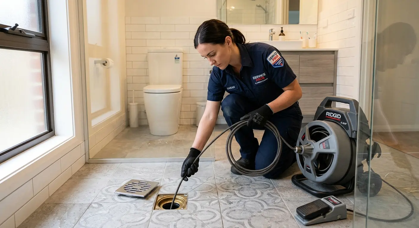 Technician clearing a bathroom floor drain for Drain Cleaning in Monroe